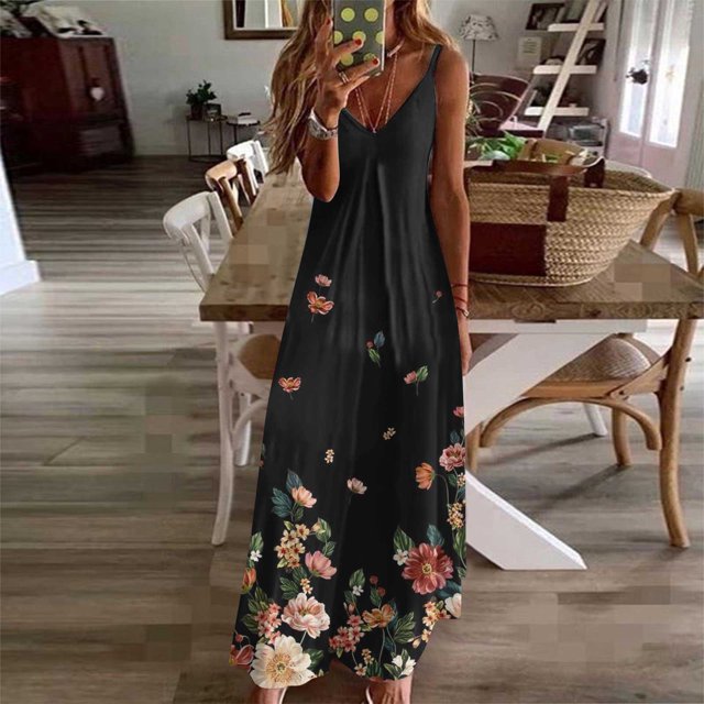 Baikeli Robes d'Été Pas Chères Mode Femme Décontractée d'Été avec Poches Sans Manches en Dentelle à Imprimé Robe à Col en V Robes pour Femmes