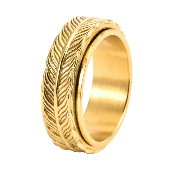 PAMTIER 8mm Rotatable Fish Tail Fidget Spinner Ring for Anxiety Relief Women Men Stainless Steel Textured Relief Unique Nature-Inspired Jewelry Gold Size 6