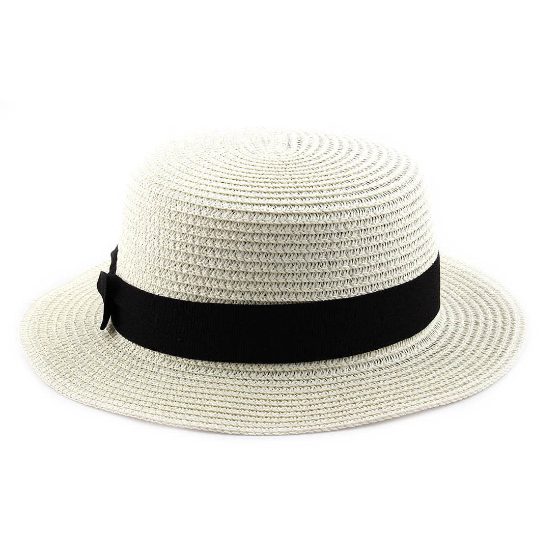 Woman Ribbon Decor Wide Brim Braided Summer Travel Beach Straw Cap Sun Hat Off White