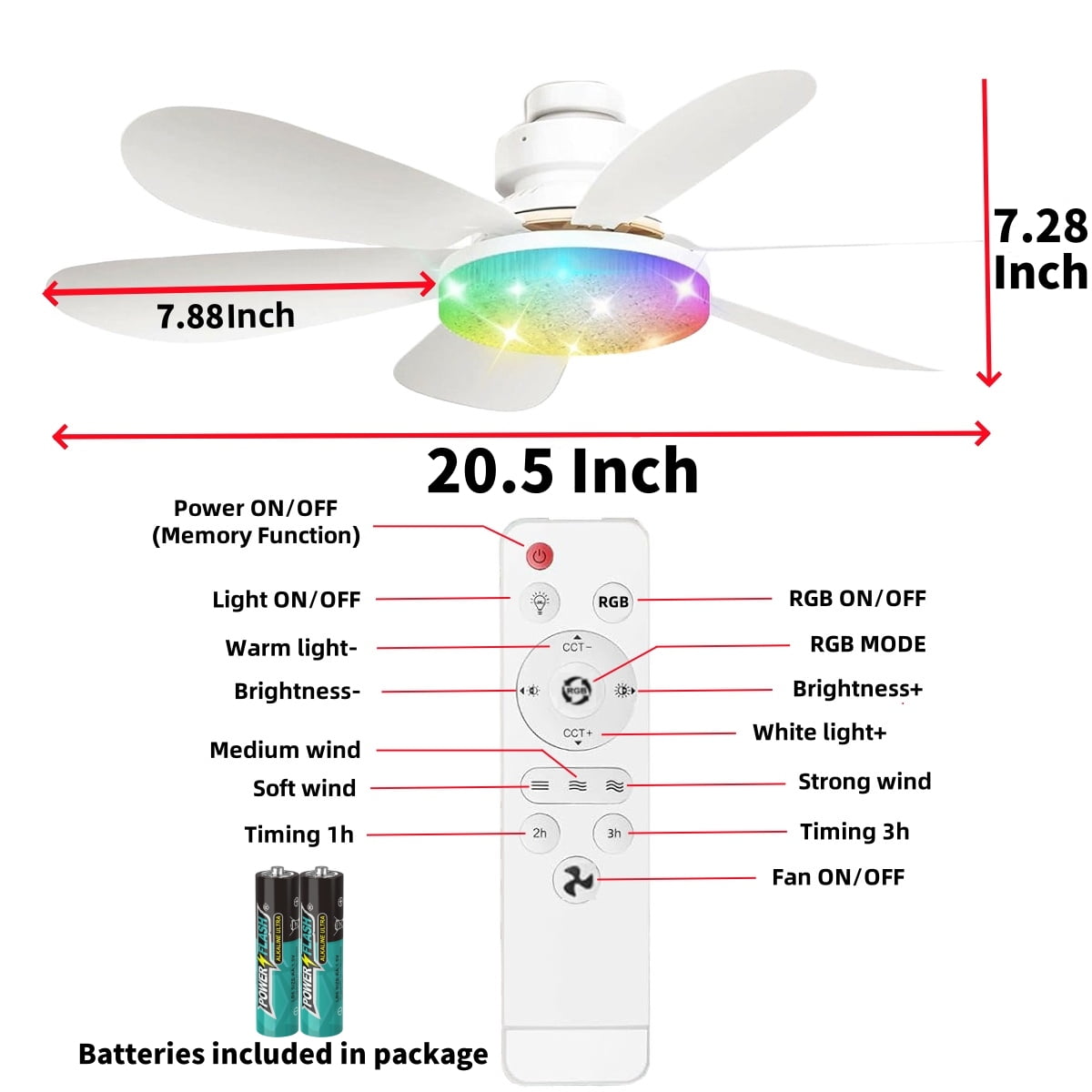 DnxnIaIfy Ceiling Fans with Light, Socket Screw with Remote Control 20.5”ABS Modern Crystal Fan Light, Multi-Color RGB Adjustable Brightness & Color Temperature with Emergency Stop Memory Timer,White