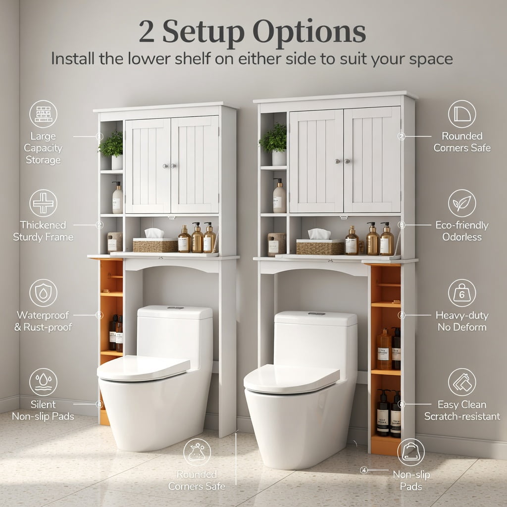 Hommoo Over the Toilet Storage Cabinet with Adjustable Shelf & Bottom Bar, Modern Bathroom Organizer for Small Spaces, White