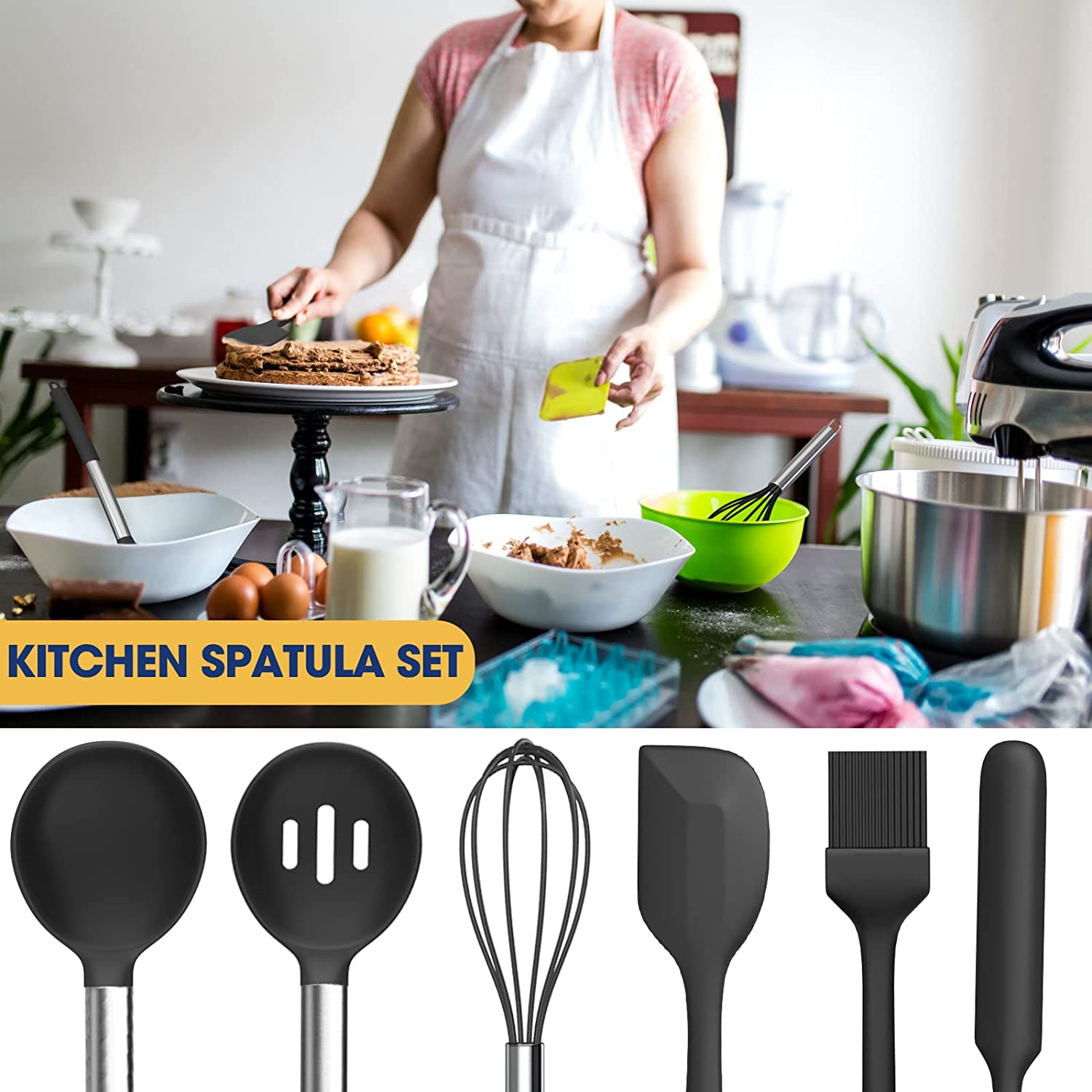 24 Pcs Silicone Cooking Utensil Set, Stainless Steel Kitchen Utensils Set, Non-Stick Heat Resistant, BPA Free, Black DGPCT