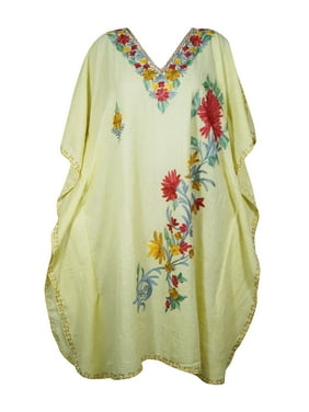 Mogul Women Floral Caftan Dress V-Neck Kimono Resort Wear Mid Length Cover Up Resort Wear Kaftan 2XL