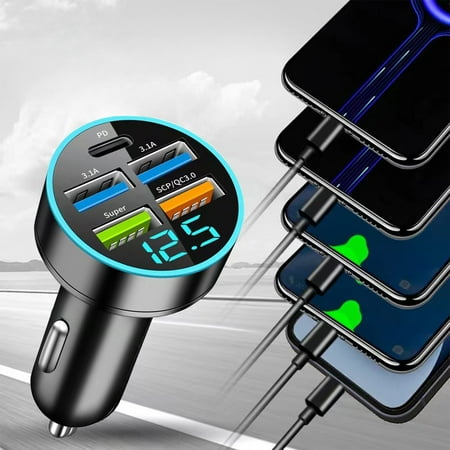 

RXIRUCGD New Digital Car Charger 4USB 66W Fast Charging PD Mobile Phone Charging Head One To Four With Car Charger