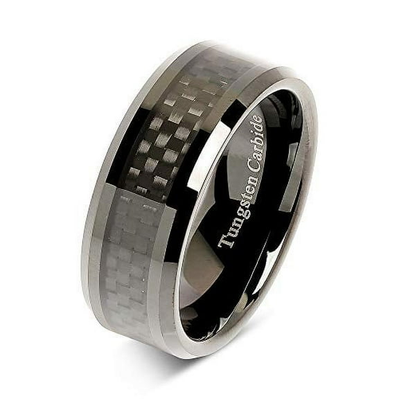 8mm Tungsten Carbide Ring Carbon Fiber Inlay Black Plated Wedding Band Size 6-16 (Tungsten, 11)