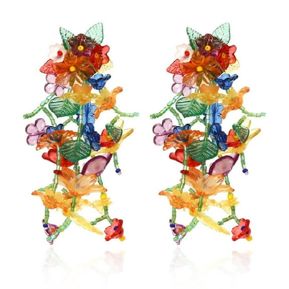 LongcreekX Plant Flower Earrings for Women, Colorful Flower Tassel Earrings, Rainbow Floral Statement Dangle Earrings Hypoallergenic, Beaded Flower Leaf Cluster Flower Petal Bohemian Earrings