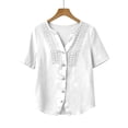 thumbnail image 7 of TGSLY Lace Crochet Trim Placket Tops for Women Notched V Neck Short Sleeve Blouses Loose Fit Dressy Casual Full Button Front Solid Color Tshirts S, 7 of 7