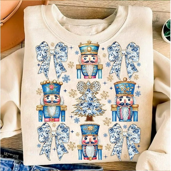 Chinoiserie Christmas Tree Sweater, Gold Glitter Nutcracker Blue Floral Bow Preppy Coquette Sweatshirt