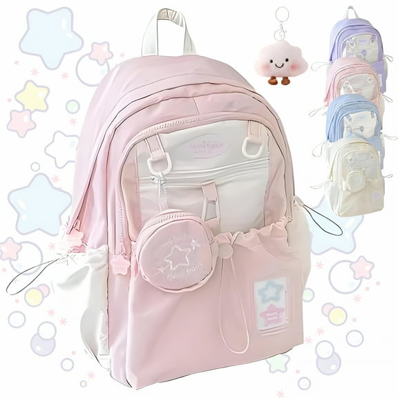 GASTROPOD Rosy Posy Backpack, Cream Star Drawstring Backpack, 16" Large Capacity Cute Backpack (Pink)