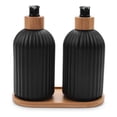 thumbnail image 1 of Dispensador de jabón de vidrio de 14 oz con bandeja de madera, juego de 2 dispensadores de jabón para manos y platos, decoración de cocina, baño y granja, 1 of 8