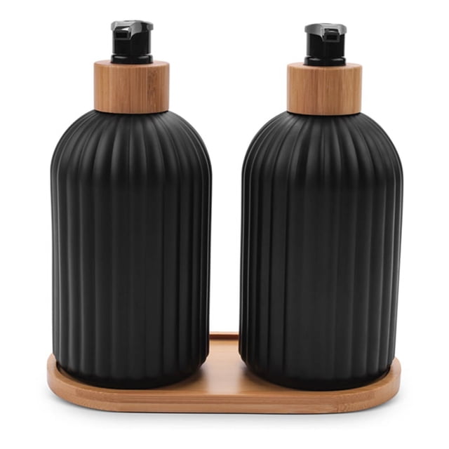 Dispensador de jabón de vidrio de 14 oz con bandeja de madera, juego de 2 dispensadores de jabón para manos y platos, decoración de cocina, baño y granja