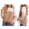 thumbnail image 2 of Camisetas Holgadas Informales de Punto con Cuello Redondo y Larga con Bloques de Color A para Mujer y Caqui S, 2 of 6