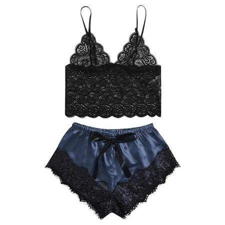 BUYISI Women Sexy Lace Sleepwear Lingerie Pajamas Set Tops Short Bra Pants Nightwear Dark blue XXXL