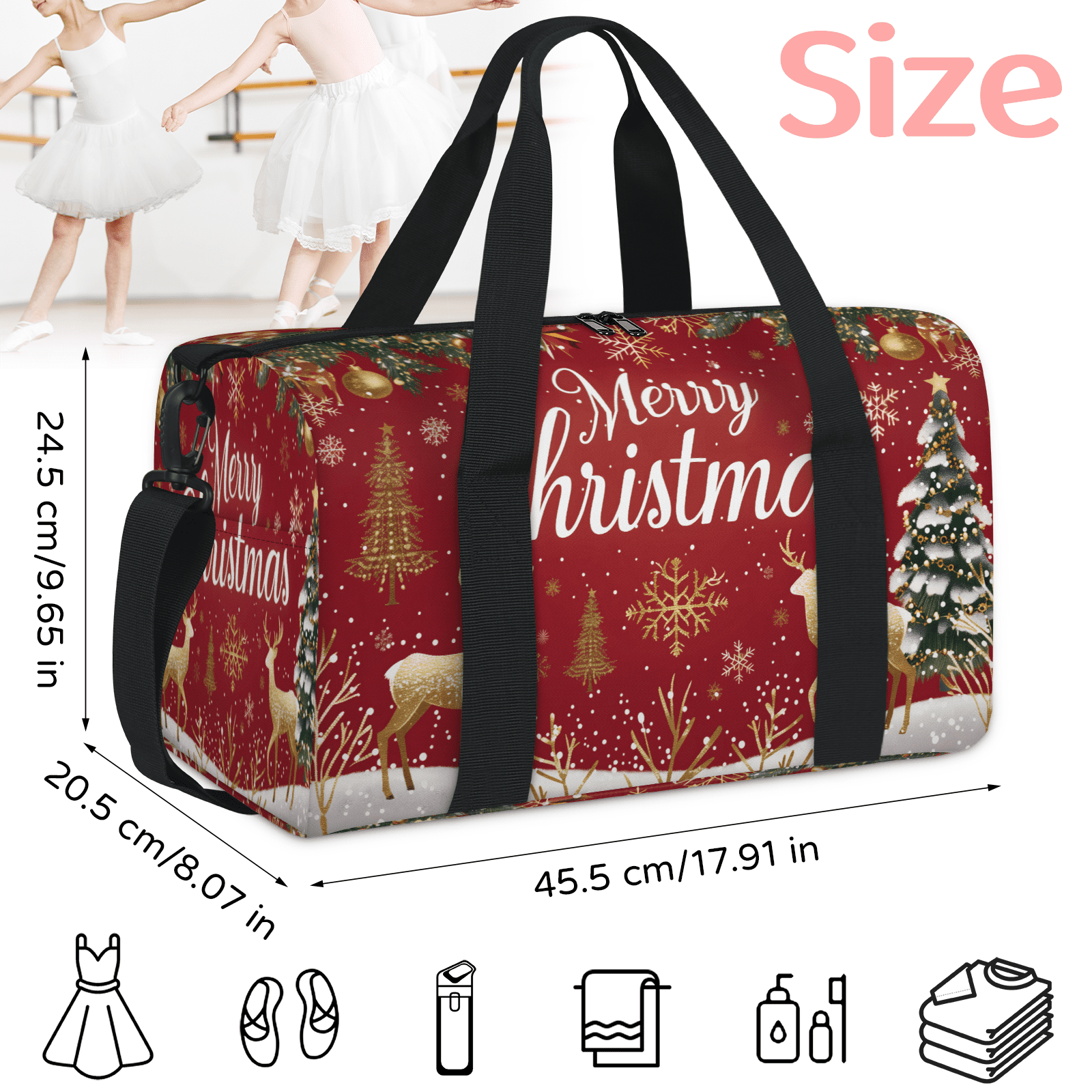 Herdesigns Christmas Themed Travel Duffle Bag Sports Yoga Weekender Overnight Carry on Workout Bags Lightweight Waterproof Gym Tote Bag for Women