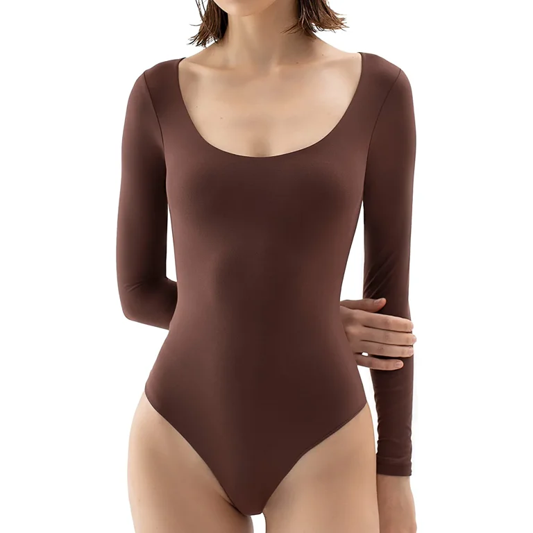  Long Sleeve Bodysuit For Women Sexy Scoop Neck Tops