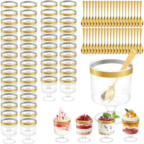 50 Pcs Gold Edged Circular Plastic Mini Dessert Cups with Spoons,5oz Mini Clear Appetizer Parfait Cups for Fruit Ice Cream Cake Birthday Christmas Party Events Supplies