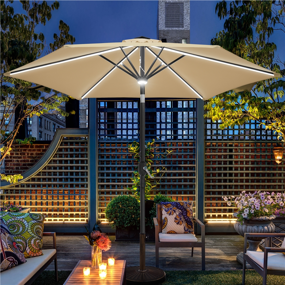Renwick 9Ft Outdoor Patio Umbrella with Solar Powered LED Lights Strips, Tan