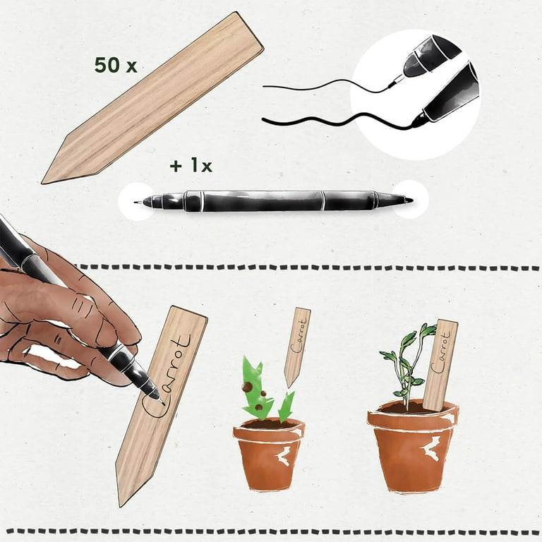 OwnGrown Wooden Arrow Plant Markers - 50 Plant Name Tags with Marker Pen  for Gardening and Seedling Labels - Garden Sign and Labels for Plants