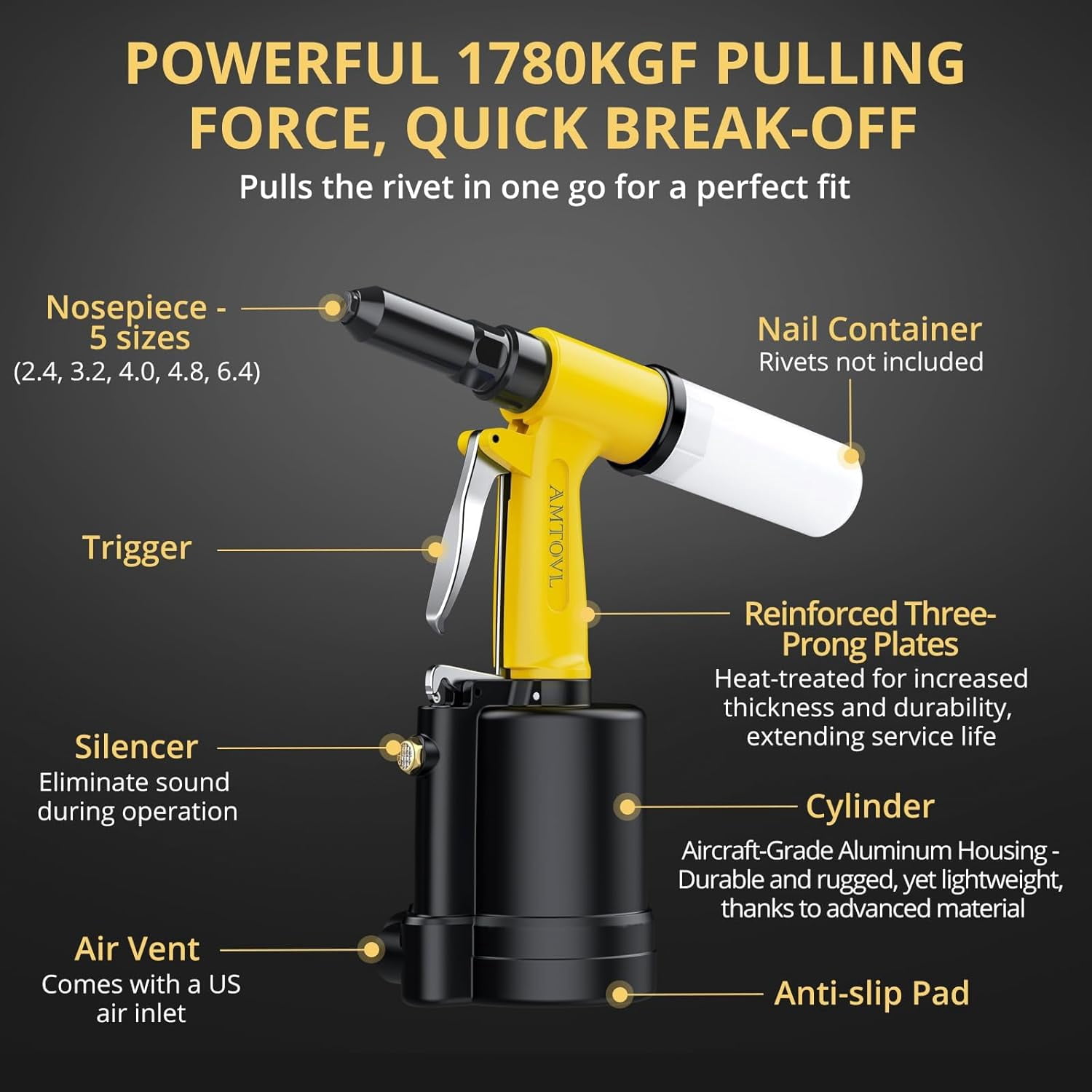 AMTOVL 3917LBF Heavy Duty Pneumatic Rivet Gun, Yellow - 5 Nosepieces (3/32" to 1/4") with 1/4" NPT Air Inlet, Professional Air Riveter for Automotive, Metal & Industrial Fastening