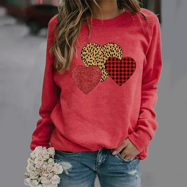 Pntutb Mujeres Casual Manga Larga San Valentín Impresión O-Cuello tops Camisa Blusa Pullover Pntutb Pntutb-4449