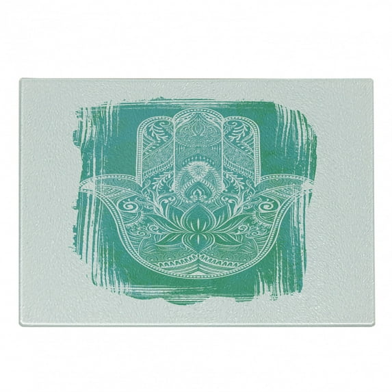 Hamsa Cutting Board, Grungy Display with Ethnic Motif Flourishing Lotus Culture Print, Decorative Tempered Glass Cutting and Serving Board, Small Size, Turquoise and White, by Ambesonne