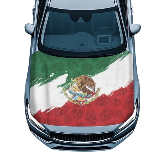 CHAQLIN Vintage Mexican Flag & Sugar Skull Car Hood Cover - Weatherproof Stretchable Auto Exterior Decor - Universal Fit for Trucks, SUVs & Sedans