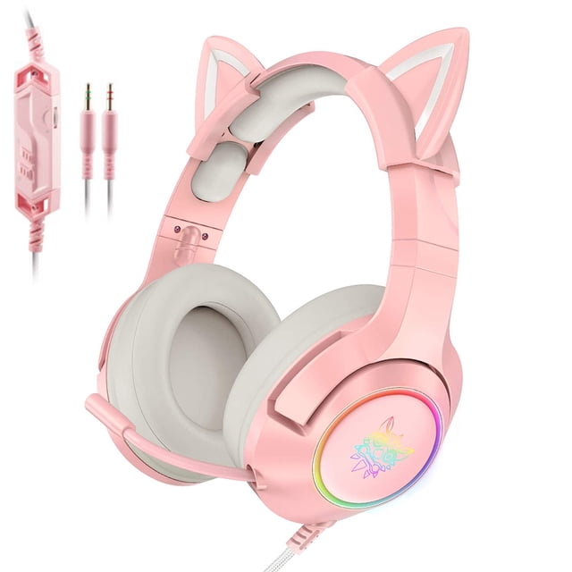 Auriculares Onikuma con sonido estéreo, iluminación RGB, reducción de ruido, auriculares para juegos con cable, 3,5 mm, rosa Eigraketly EL002606-01B