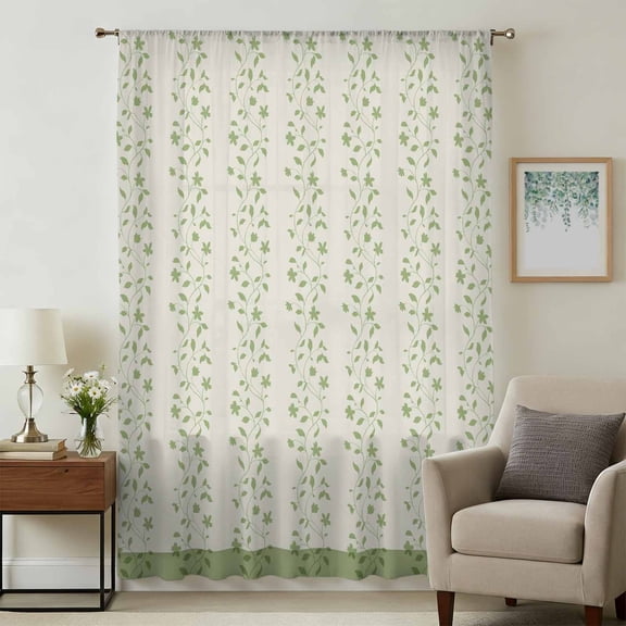 Green Floral Sheer Curtains 108 Inches Extra Long, Spring Flowers Light Filering Curtains, Privacy Drapes Simi Floor to Veiling Curtain for Living Room Bedroom Large Window Treatment