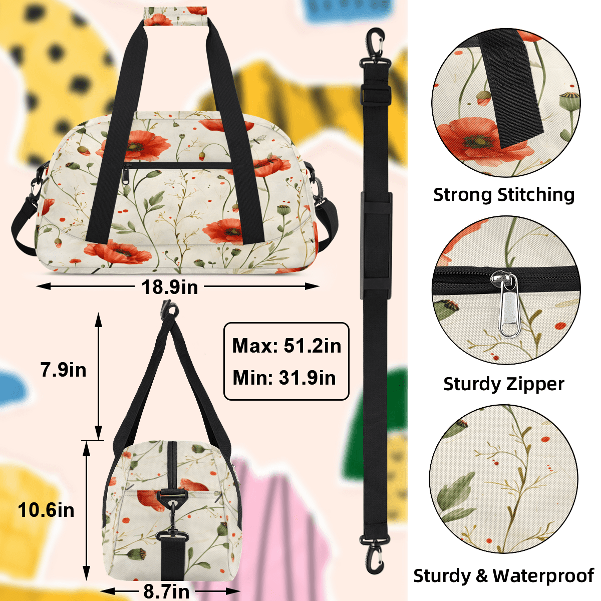 Herdesigns Red Poppy Sports Duffle Bag for Women & Men, Floral Gym Bag Dance Bag Overnight Bag Carry On Weekender Travel Bag