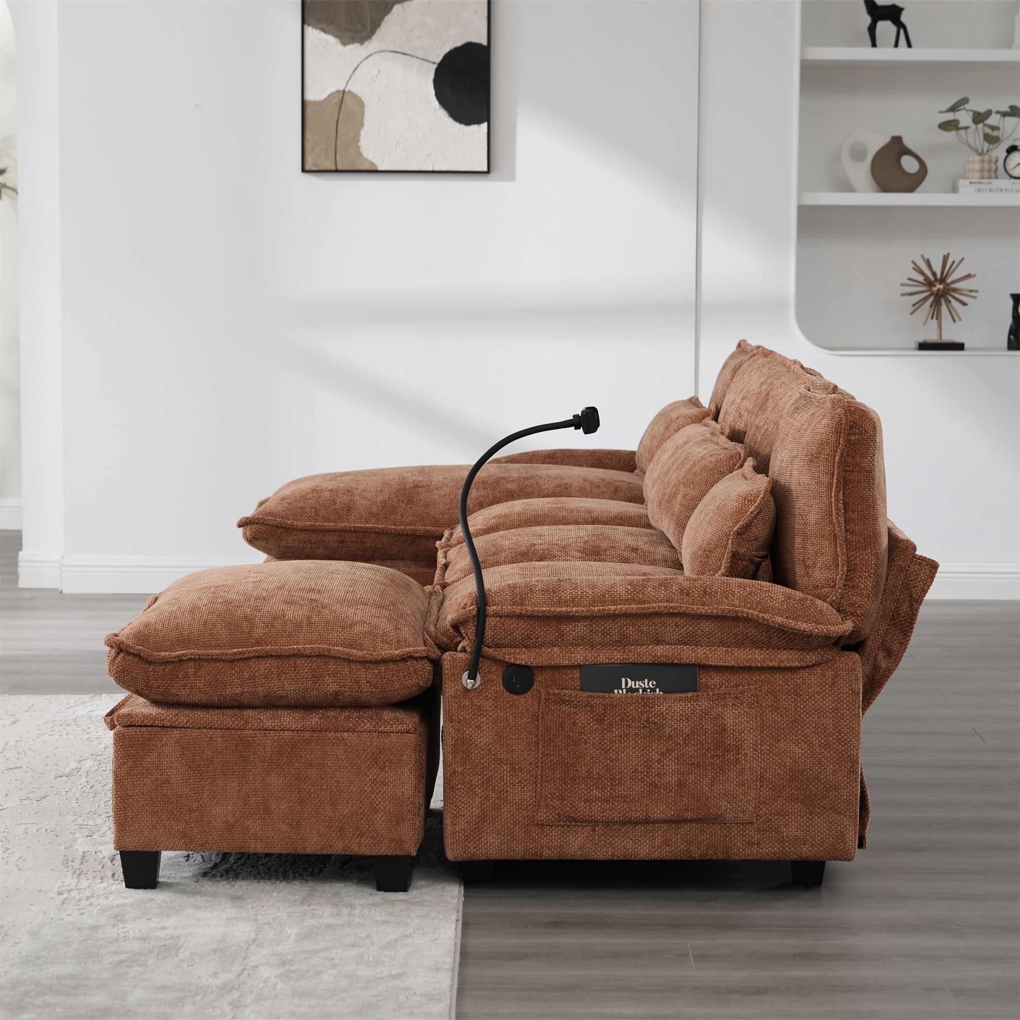 Aukfa 106" Sectional Sofa Deep Seat U shape Couch for Living Room, USB&Type-C Ports, 4 Lumbar Pillows, Storage Ottoman, Overstuffed Chenille, Orange