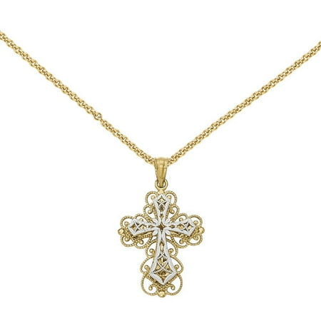 14kt Yellow and White Gold Polished 2-Level Filigree Cross Pendant