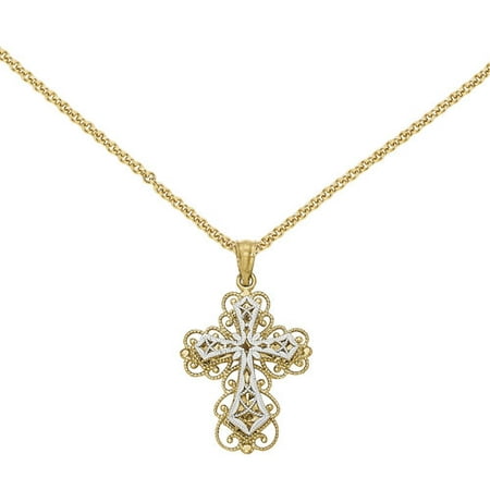 14kt Yellow and White Gold Polished 2-Level Filigree Cross Pendant