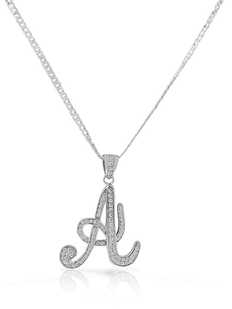 925 Sterling Silver CZ Letter Initial "A" Pendant Necklace - A