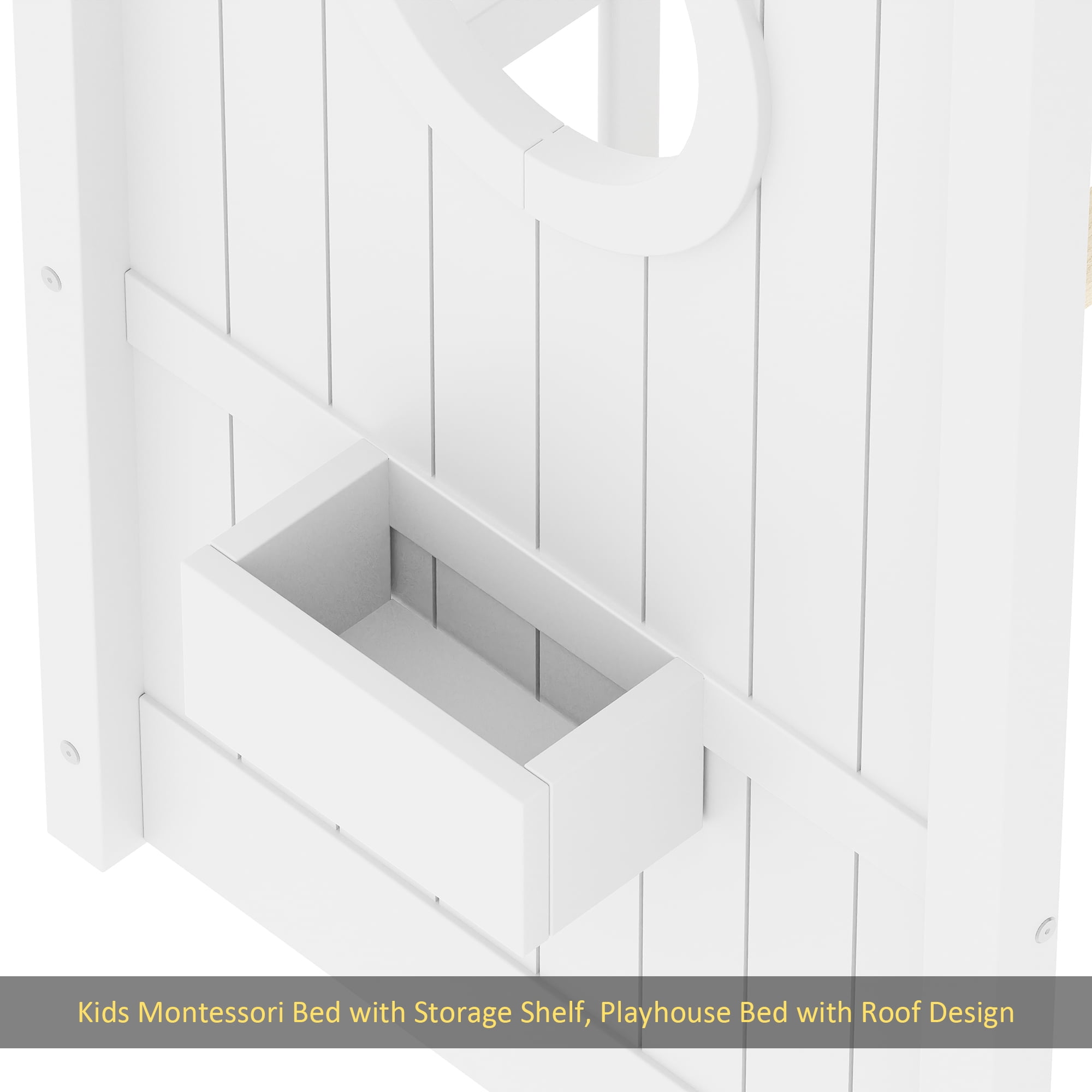 Twin Size Floor House Bed for Toddler, Kids Montessori Bed with Storage Shelf, Playhouse Bed with Roof Design, White
