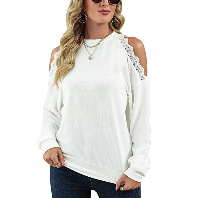 Blusa de mujer con hombros descubiertos y cuello redondo Camisa de manga larga Diseño de encaje Color puro para el hogar Blanco L