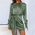 thumbnail image 4 of Womens Fall Satin Long Sleeve Round Neck Mini Dress Solid Color Ruched Wrap Tie Waist Slim Fit Cocktail Party Dresses, 4 of 15