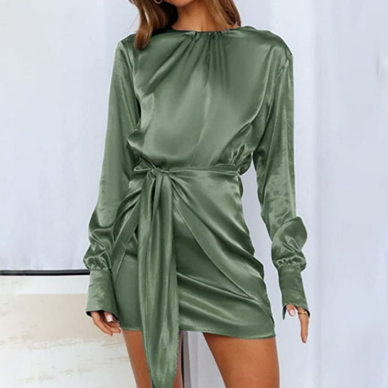 Womens Fall Satin Long Sleeve Round Neck Mini Dress Solid Color Ruched Wrap  Tie Waist Slim Fit Cocktail Party Dresses - Walmart.com