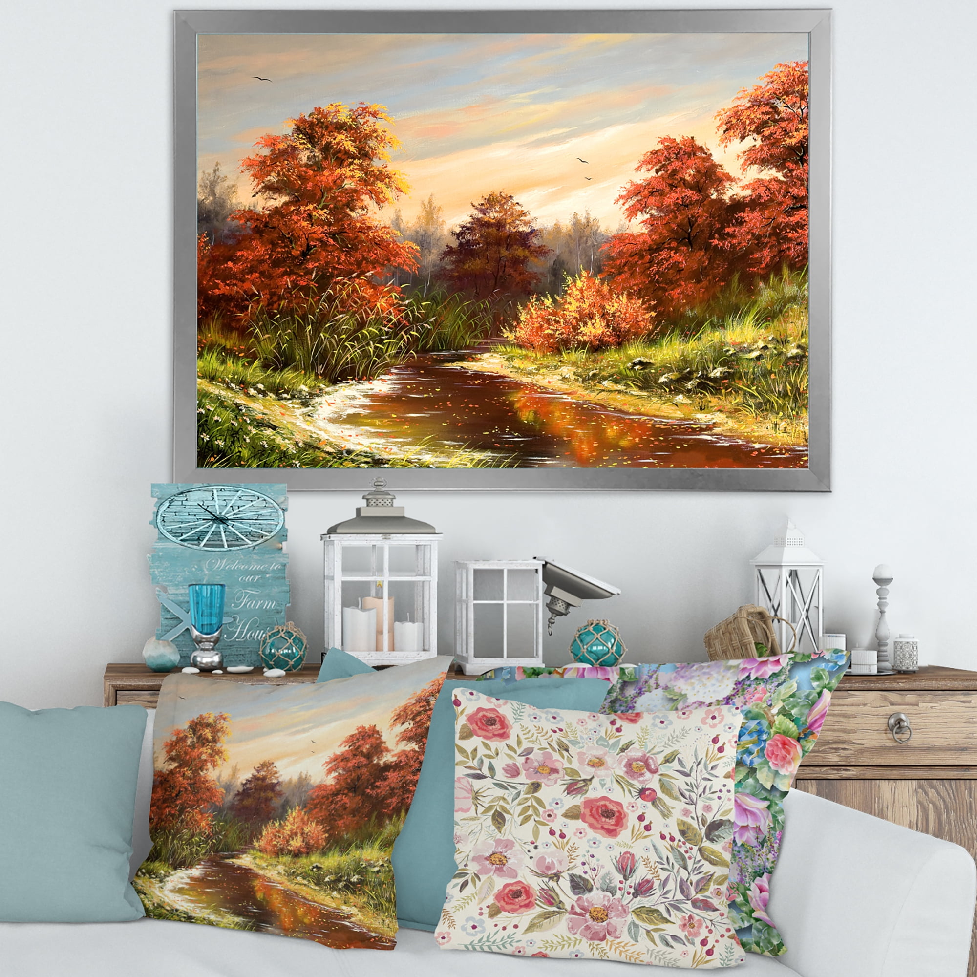 Designart 'The Wood River On A Decline In An Orange Autum Summer' Lake House Framed Art Print