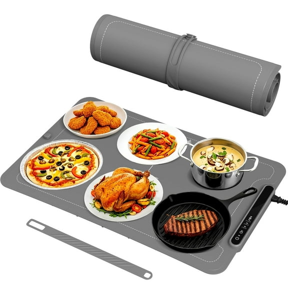FREE VILLAGE Warming Mat for Food, 3-Temp Electric Warmer (140/176/212°F), 250W Low Energy, Auto Shut-Off & Child Safety Lock, Portable Roll-Up Silicone Heating Pad for Home Daily Use, Buffets,Gray