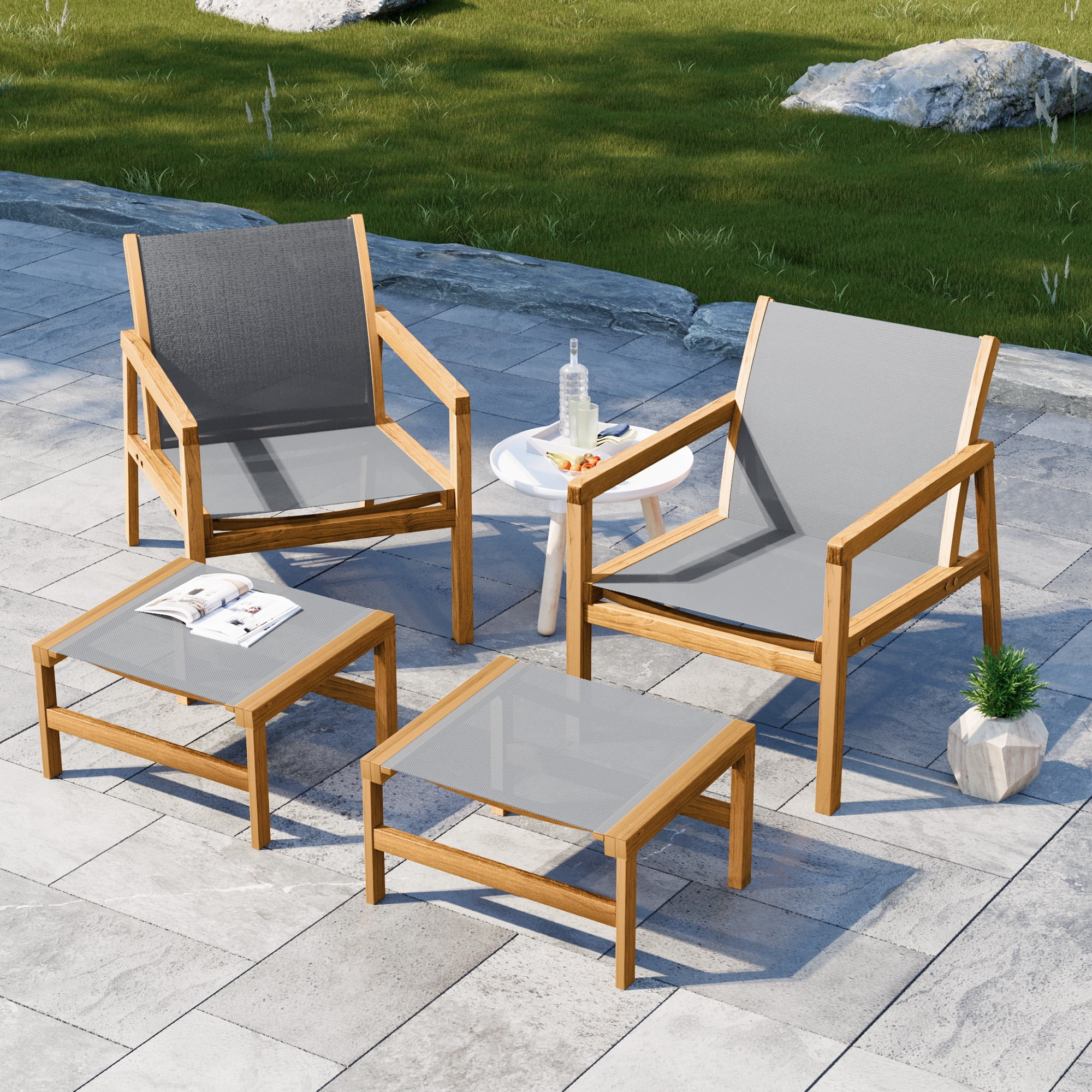 Homall 4 Pieces Patio Conversation Set Outdoor Furniture Set Textilene Acacia Wood Outdoor Chair with Ottoman, Gray