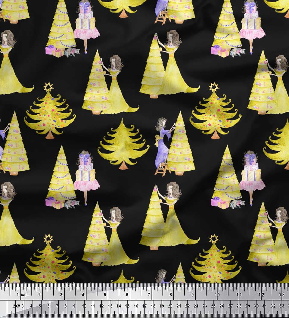 Soimoi Black polyester Crepe Fabric Women,Gift Box & Tree Christmas Fabric Prints By Yard 42 Inch Wide