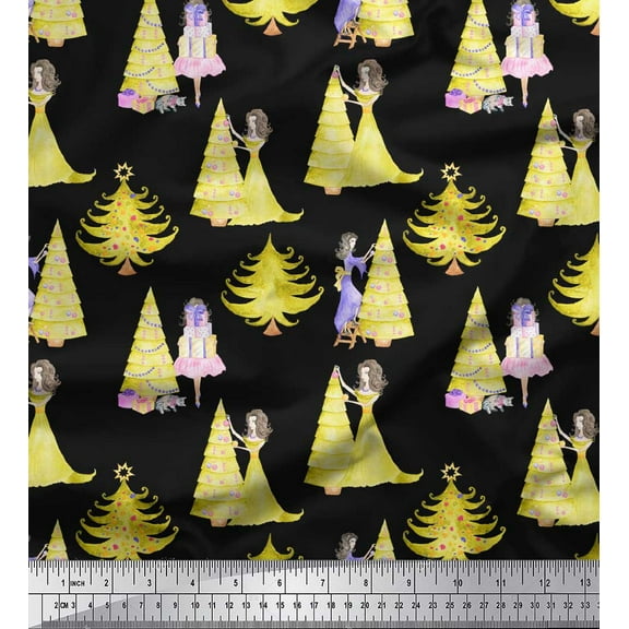 Soimoi Black Cotton Voile Fabric Women,Gift Box & Tree Christmas Print Fabric by the Yard 42 Inch Wide