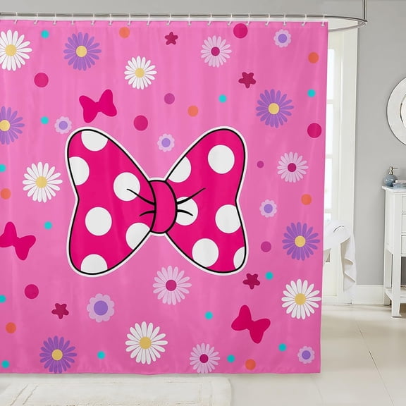 Pink Bowknot Kids Shower Curtains,Daisy Flowers Geometric Dot Patchwork Bathroom Curtains for Girls Women,Bow Tie Cute Princess Dreamy Chic Waterproof Curtains,12 Hooks Suits,72" W x 84" L