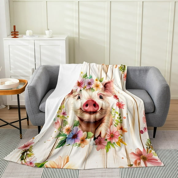 Erosebridal 3D Pig Sherpa Blanket, Pink Flower Fuzzy Blanket Throw, Rustic Animal Decor
