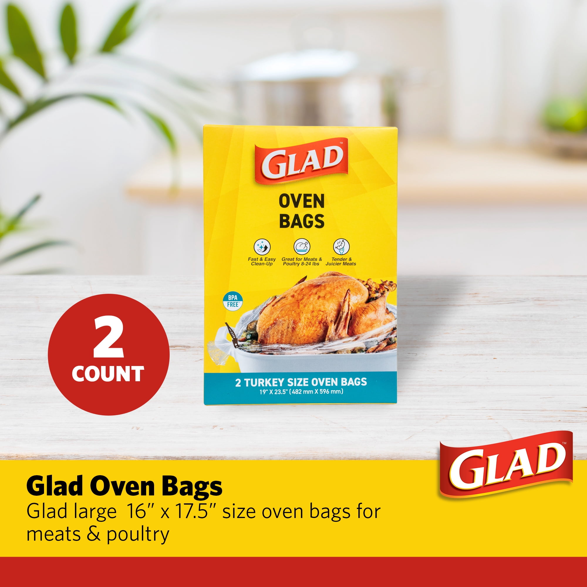 Glad Turkey Size Oven Bags 19 x 23.5 inches, BPA-Free, 2 Count, Fits 8 to 24 lbs