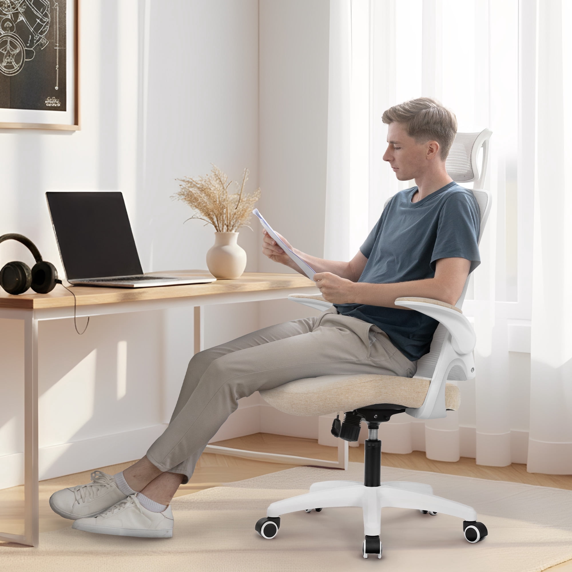 NEO Chair Office Desk Chair Gaming Computer High Back Support Mesh Comfy Seat with Adjustable Ergonomic Headrest Lumbar Rolling Flip-up Armrests and Wheels (Beige)