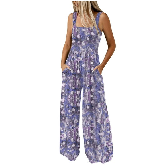BZGTZT Womens Boho Overalls Casual Floral Print Sleeveless Jumpsuit High Waist Wide Leg Long Pants Romper with Pockets