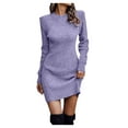thumbnail image 2 of Women's Fall Winter Sexy Solid Color Round Neck Long Sleeve Sweater Dress, Elegant and Chic Knit Dress with a Form-Fitting Design for Evening Wear,Light Purple,L, 2 of 5