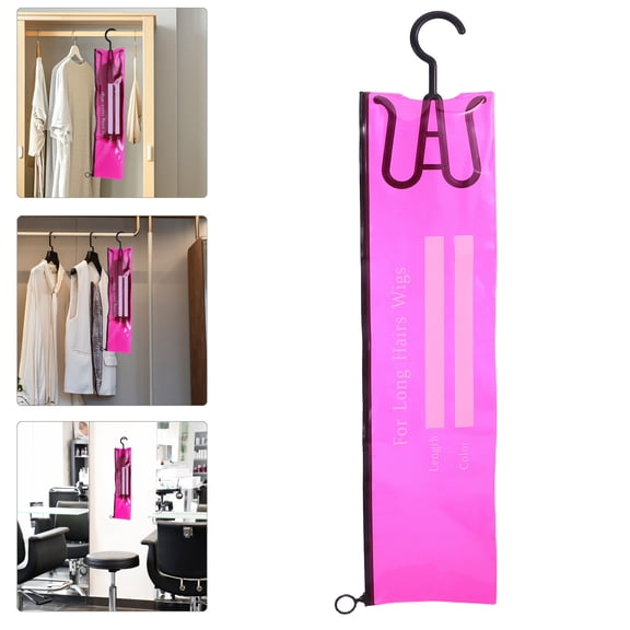 WRISTBIQUE 3PCS Hanging Wig Bags Dust-proof Rosy PVC Storage for Women's Hair Extensions Travel