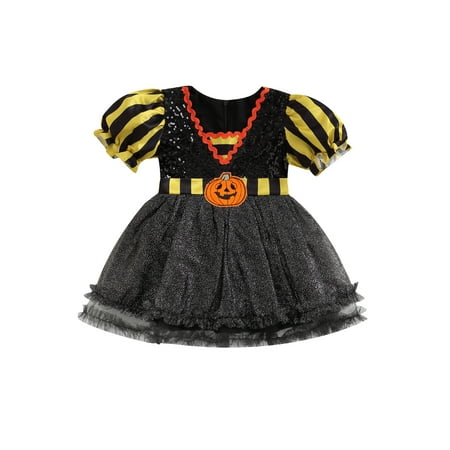 

wybzd Halloween Toddler Baby Girl Striped Puff Sleeve Pumpkin Sequins Princess Tulle Tutu Dress